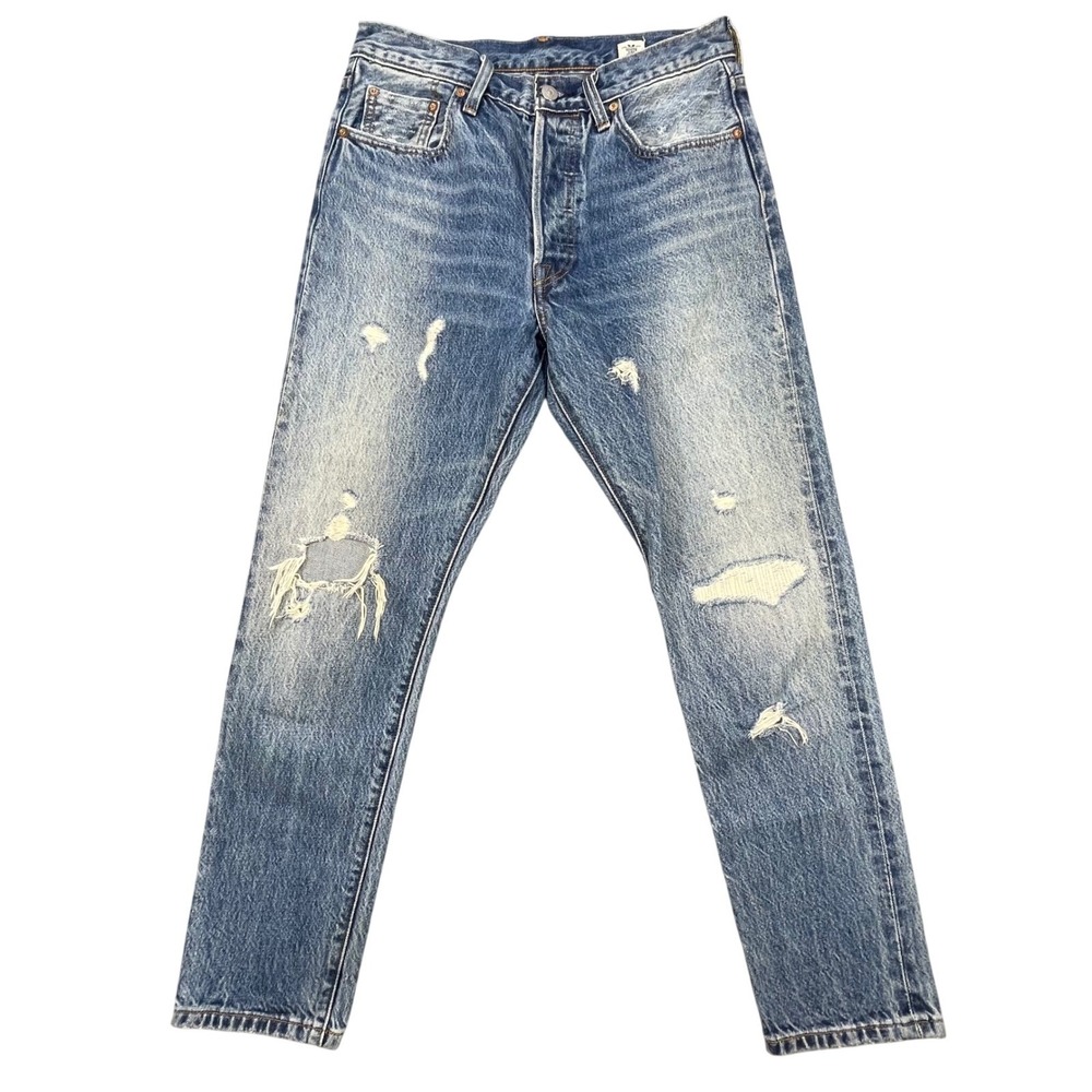 Levis Blue 501 S White Oak Cone Denim Distressed Selvedge Jeans Womens 28